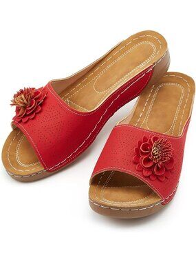 Women's Red Summer Beach Sandals Wedge Low Open Toe Slides Slipper Casual